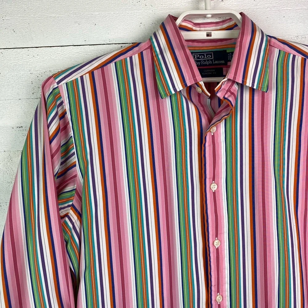 Polo Ralph Lauren Mens Shirt Medium L/S‎ Stripe CURHAM Classic Fit Button Front